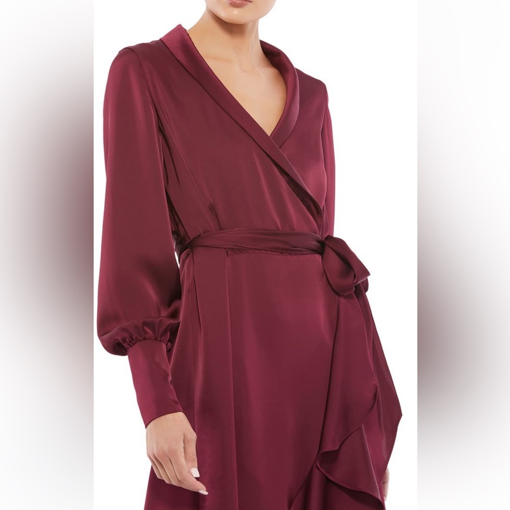 Leena for Mac Duggal ruffle long sleeve wrap dress wine size 8